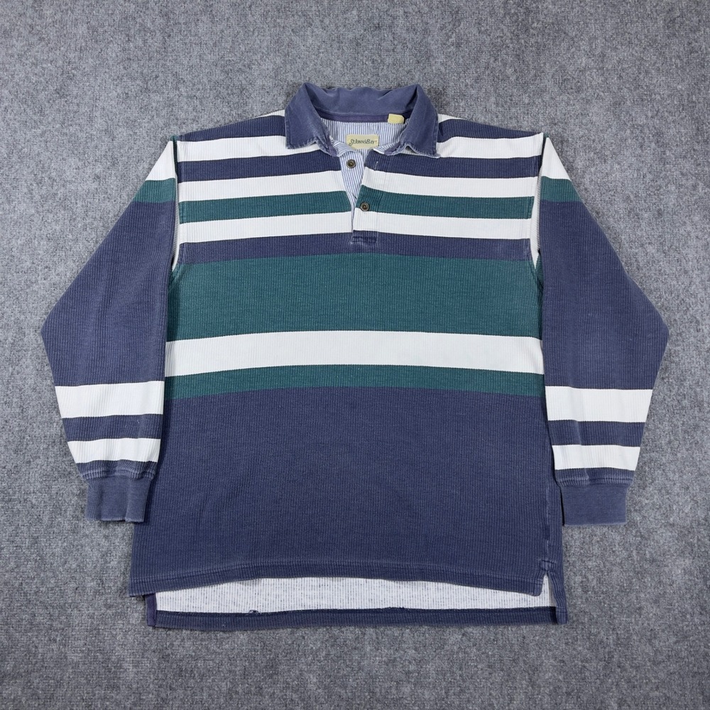 Vintage St Johns Bay Rugby Shirt Mens Large Blue Green Striped Ribbed LS